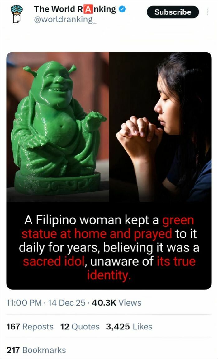 A baffling image of a green Shrek statue mistaken for a sacred idol, with a woman praying to it.
