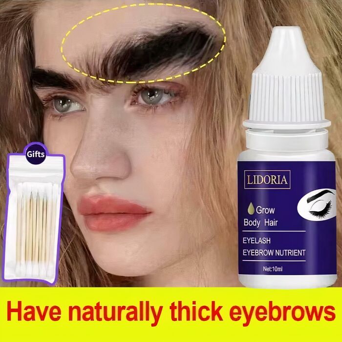 A baffling image of a woman with unusually thick eyebrows and eyebrow growth serum, raising questions.