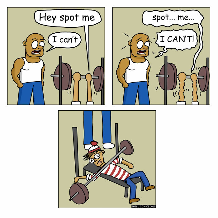 A relatable comic strip humorously showing two men trying to spot each other while weightlifting, with one being Where's Waldo.