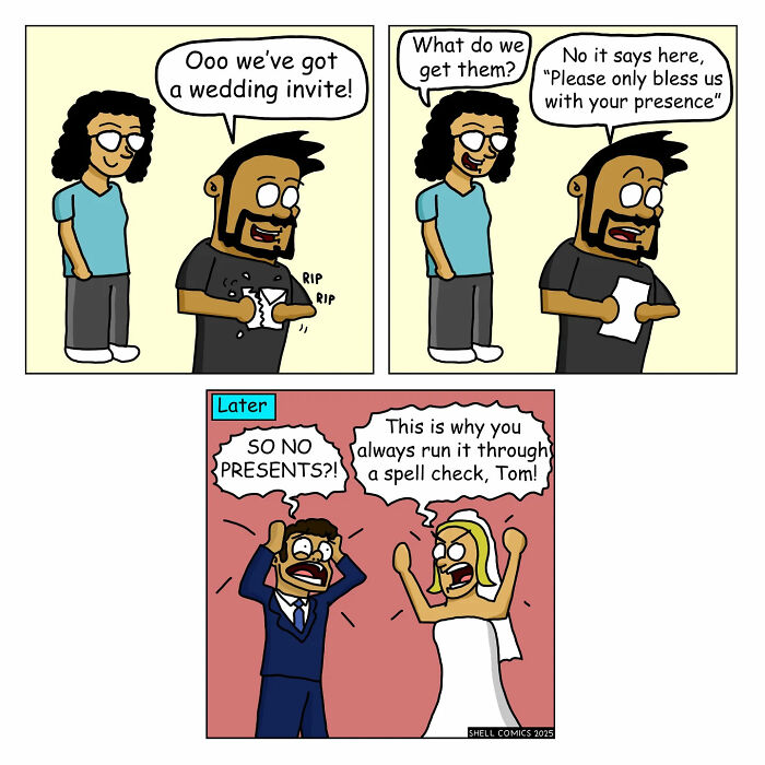 A relatable comic strip humorously showing a couple misinterpreting a wedding invite due to a spelling error about presence not presents.