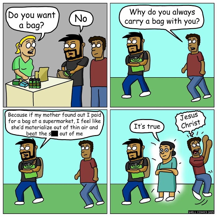 A relatable comic strip where a man avoids paying for a bag to escape his mother's wrath, bringing humor to everyday situations.