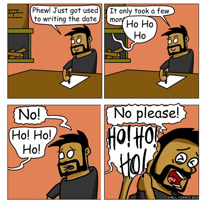 A relatable comic strip showing a man repeatedly writing the wrong year after just getting used to the new date, a common humorous situation.
