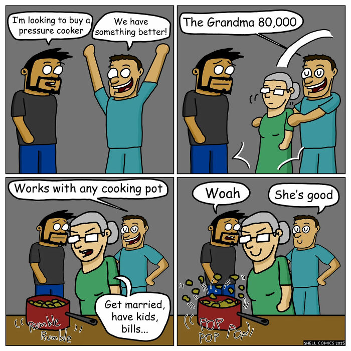 A relatable comic strip where a salesman introduces a grandma as a pressure cooker, highlighting humor in unexpected solutions.