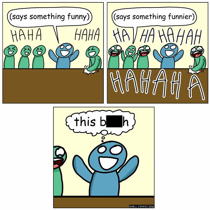 A relatable comic strip illustrating a person making people laugh, demonstrating humor and relatability in social interactions.