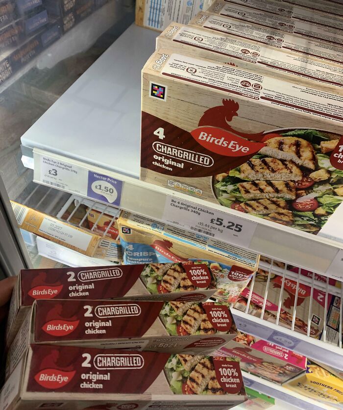 A supermarket freezer aisle with Birds Eye char-grilled chicken boxes, one of the baffling images.