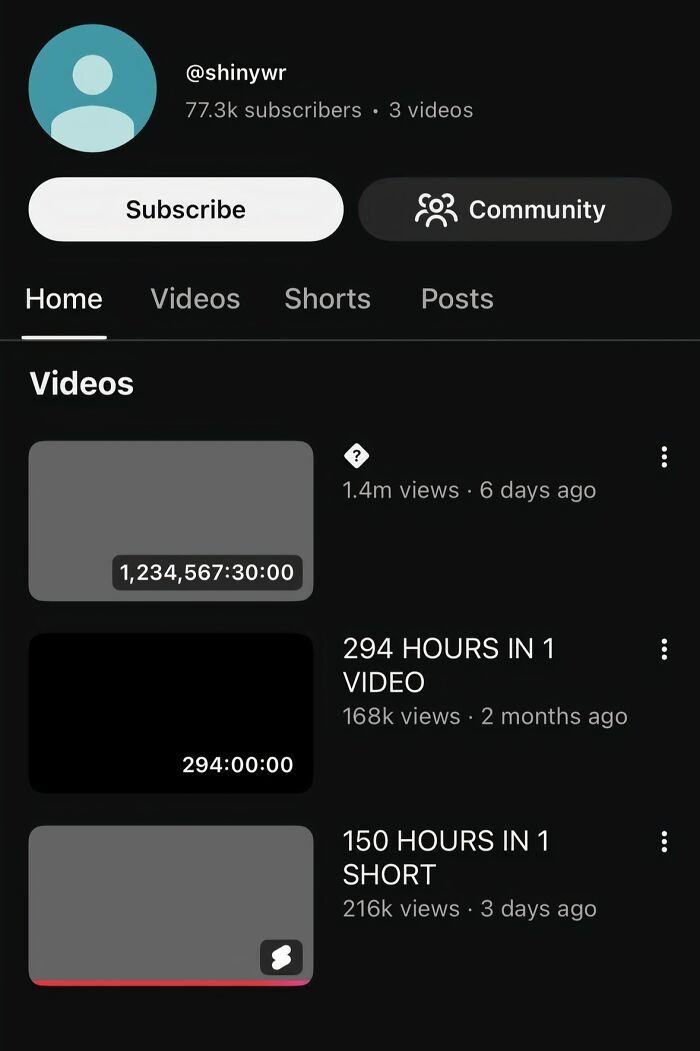 A YouTube channel page showing long video durations like 1,234,567 hours, one of the baffling images.