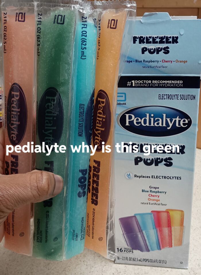 A hand holding four colorful Pedialyte Freezer Pops next to their box, an image that had people asking questions.