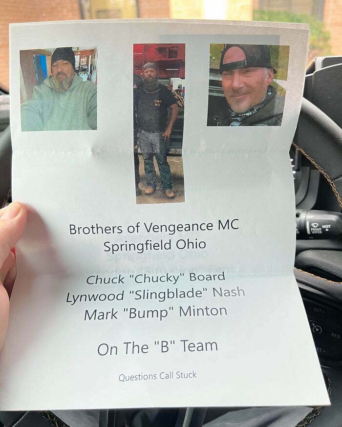 A document titled Brothers of Vengeance MC Springfield Ohio with three men's photos, part of baffling images.