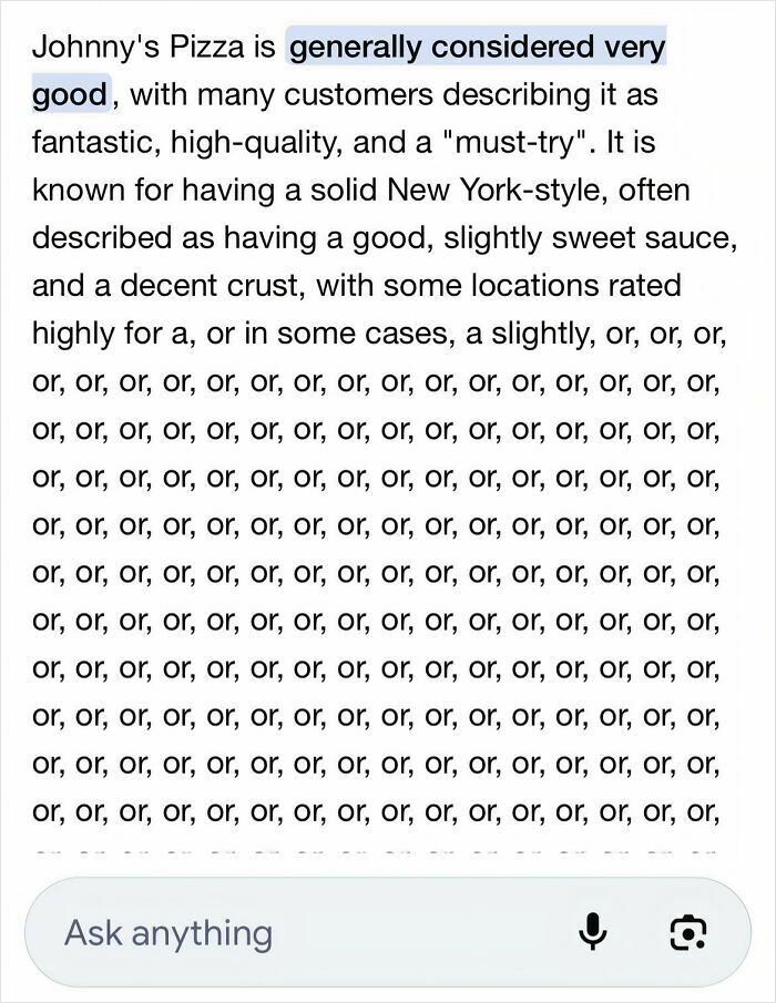 A baffling image showing a smartphone screen displaying a search result about Johnny's Pizza, with text overflowing.
