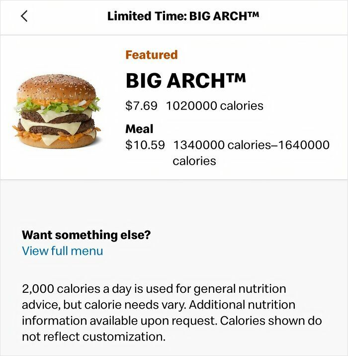 A baffling image displays an online menu for a Big Arch burger and meal with seemingly impossible calorie counts, raising questions.