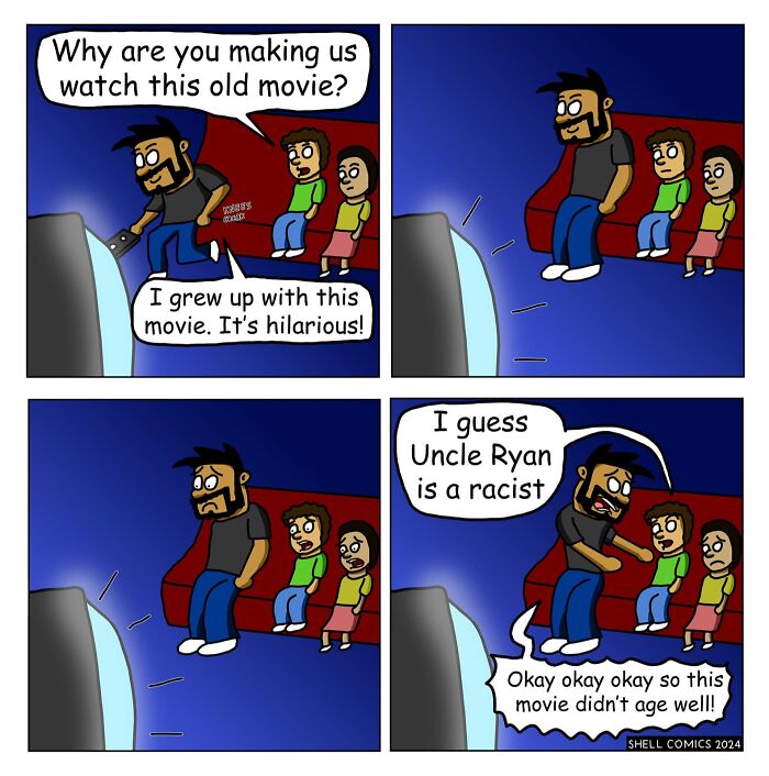 A comic of a man showing his kids an old movie, realizing it has aged poorly, and defending himself. Relatable comics humor.