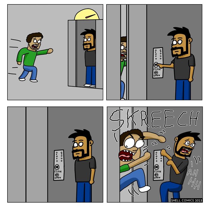 A comic of a man trying to hold an elevator open for another man, but accidentally trapping him. Relatable comics humor.