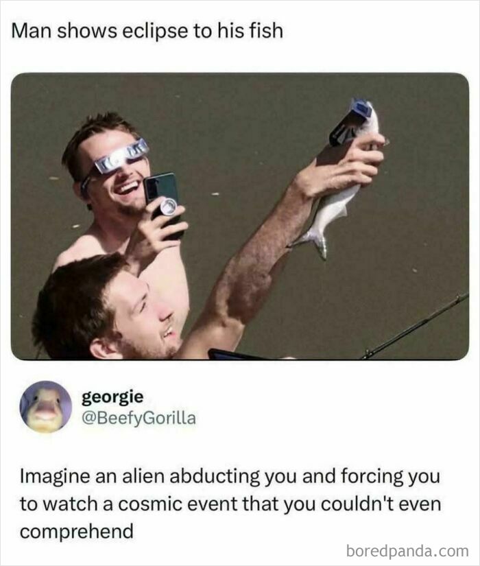 Two men smiling while holding a fish up to watch an eclipse, an amusing animal meme.