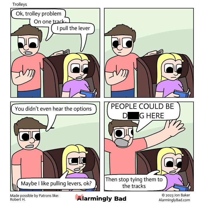 Humorous Jon Baker comic showing a woman eagerly pulling a trolley lever, highlighting unpredictable twists.