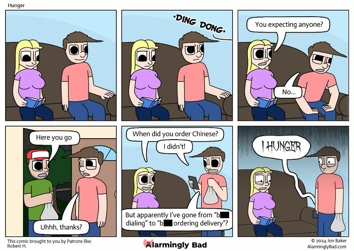Humorous Jon Baker comic about a man accidentally ordering Chinese food due to hunger, an unpredictable twist.