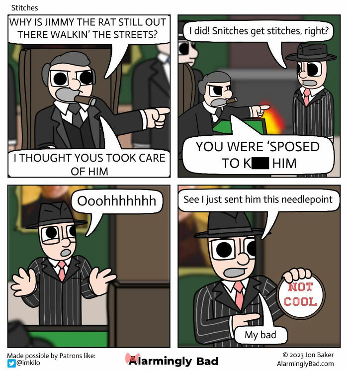 Humorous Jon Baker comic where a hitman sends needlepoint instead of eliminating a target, an unpredictable twist.