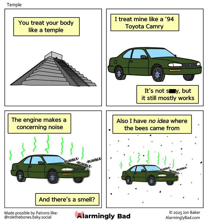 Humorous Jon Baker comic twists: A person compares treating their body to a beat-up '94 Toyota Camry.