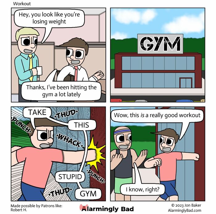 Humorous Jon Baker comic depicting a man mistaking a gym for a boxing target, showing unpredictable twists.