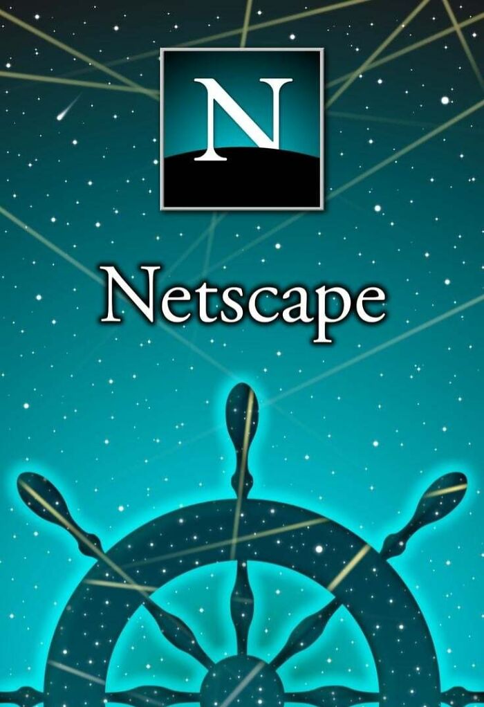 An image representing the old Internet with a Netscape logo above a ship's wheel against a starry blue background.