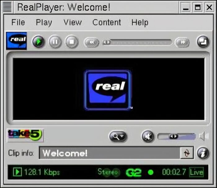 Screenshot of RealPlayer, a quintessential old internet media player that today's kids won't comprehend.
