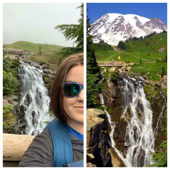 A split image of a woman and a waterfall, with a snowy mountain in the distance, a scenic trip that didn't go as planned.