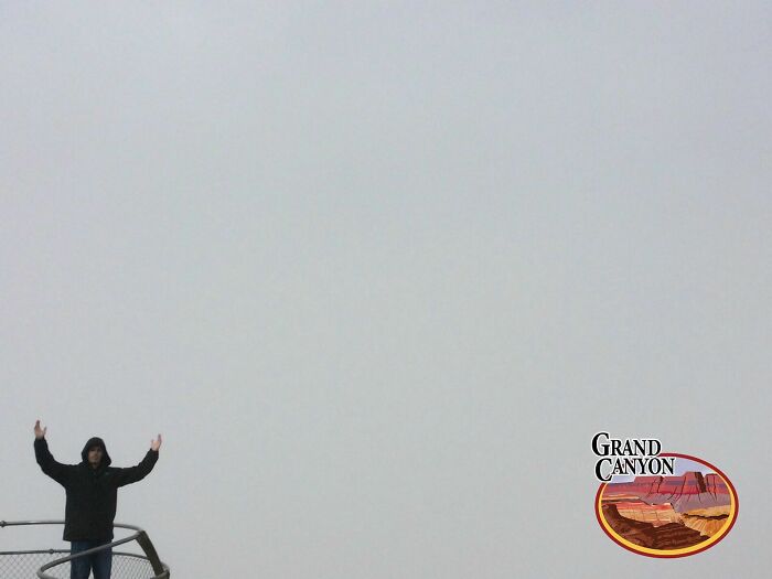 A person standing at the Grand Canyon with only white fog visible, an example of trips not going as planned.