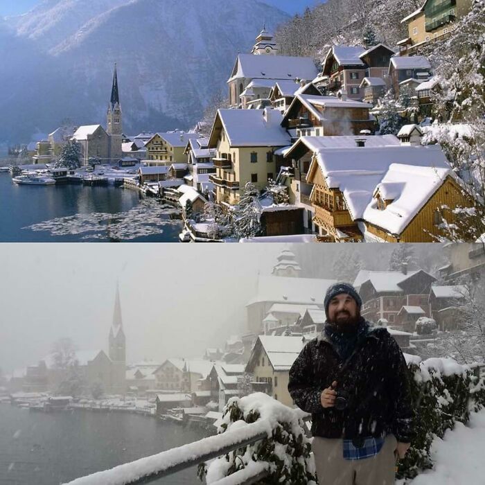 A split image of Hallstatt; top shows a clear snowy village, bottom shows a man in a snowstorm, highlighting trips gone awry.