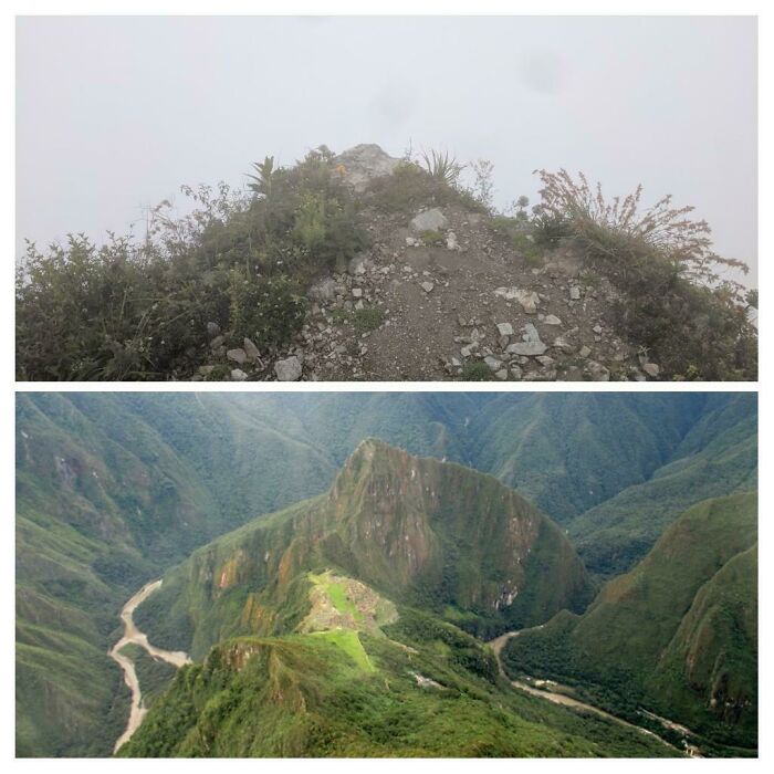 A before and after image showing a foggy mountain top and then a clear view of Machu Picchu, a trip that eventually went as planned.