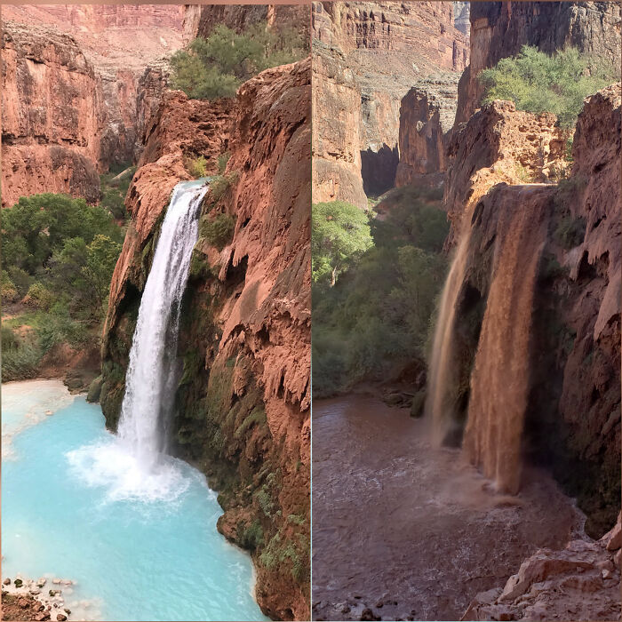 Side-by-side comparison of a clear blue waterfall and a muddy brown waterfall, showcasing trips gone awry.