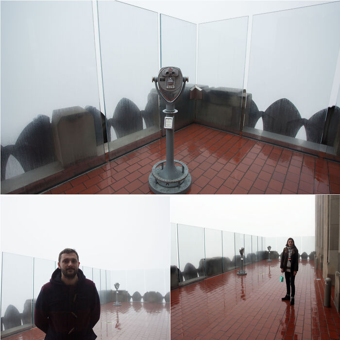 Three views of a misty observation deck, showing obscured views on a trip that didn't go as planned.