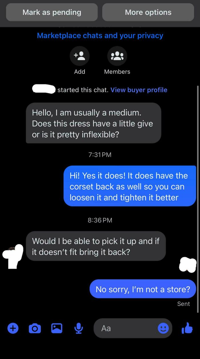 A social media chat where a buyer asks to return an item if it doesn't fit, showing entitled folks demanding special treatment. This image exemplifies entitlement.