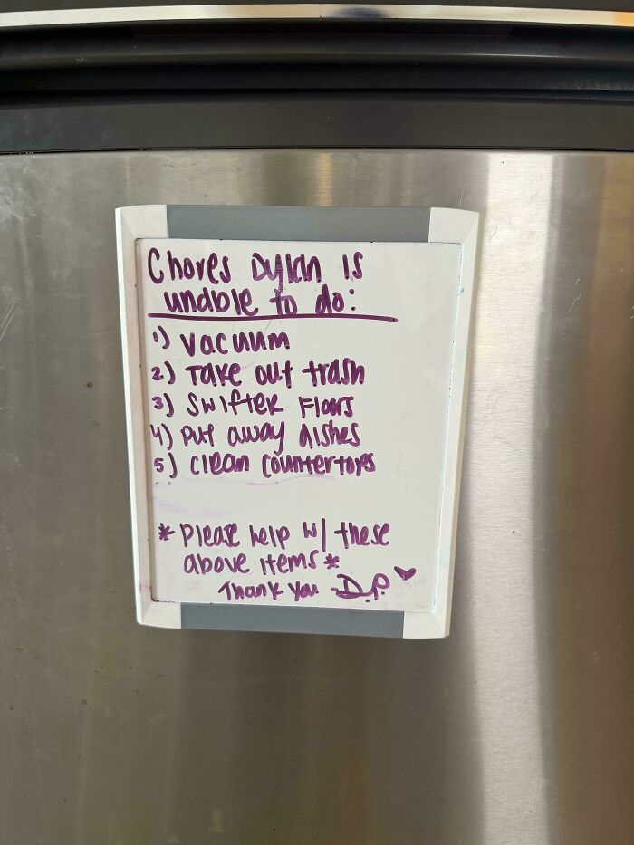 A whiteboard with a list of chores someone is unable to do, a sign of entitled folks delegating responsibilities. This image portrays entitlement.