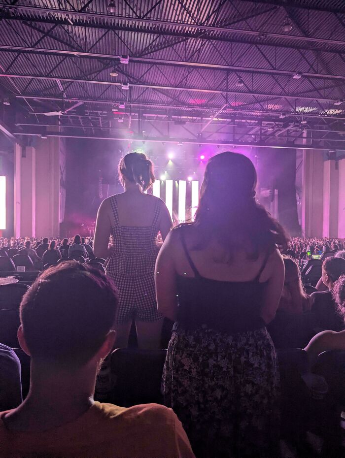Concert-goers standing in front of seated spectators, displaying entitled folks acting like the main characters. This image highlights entitlement.
