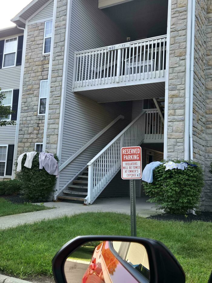 Clothing drying on bushes next to a reserved parking sign, an example of entitled folks disrespecting rules.