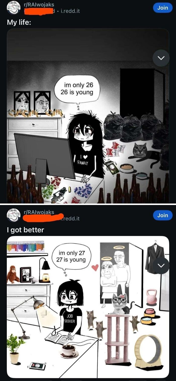 A two-panel image illustrating significant character development from a messy, depressed state to a clean, aspiring job seeker.