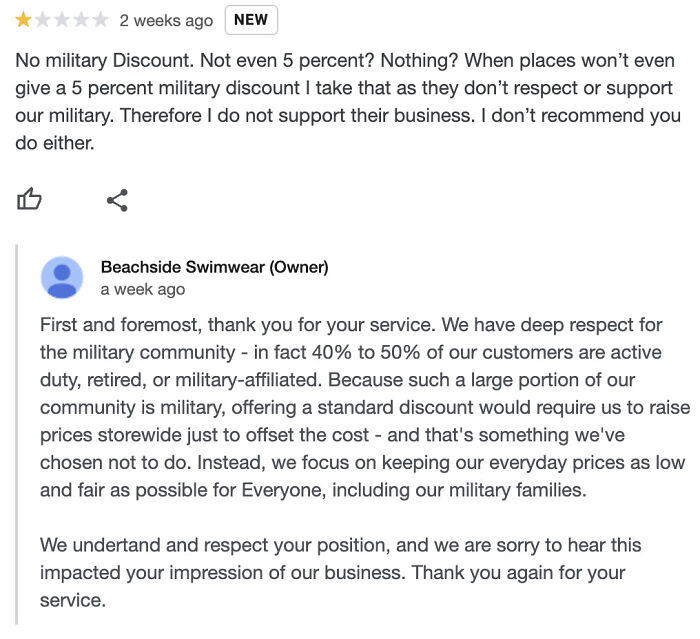 An entitled customer complaining about a lack of military discount in an online review, acting like they are an extra.