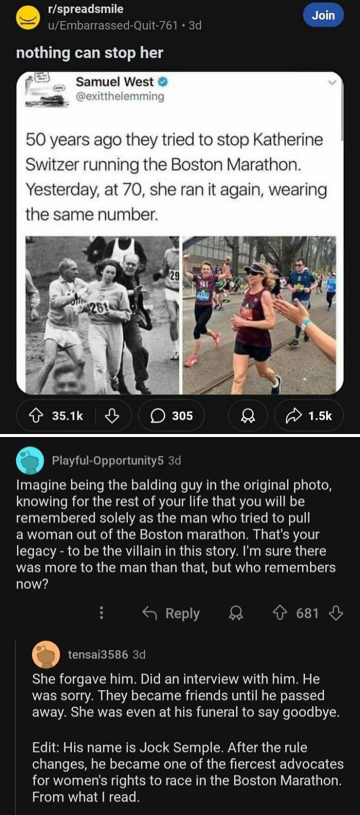 A screenshot showcasing unexpected character development with Katherine Switzer running Boston Marathon again, and the man who tried to stop her becoming an advocate for women's rights.