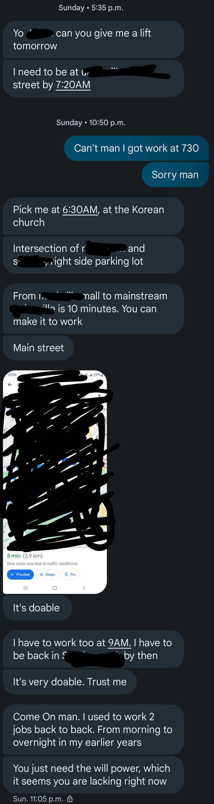 A text message conversation showing an entitled person demanding a lift and ignoring the other person's schedule.