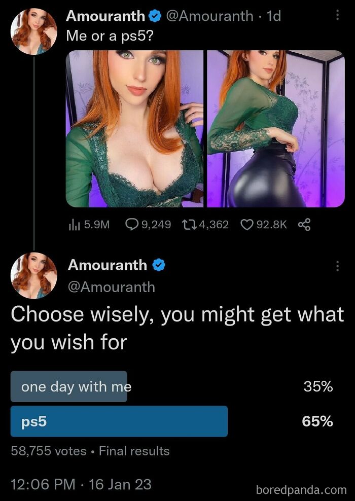 A Twitter poll by Amouranth asking users to choose between her and a PS5, a classic entitled folk situation.