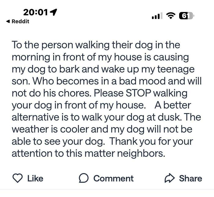 A Reddit post from an entitled person complaining about a neighbor walking their dog.