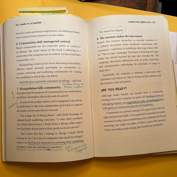 An entitled person's handwritten notes and doodles on a book page, covering parts of the text.