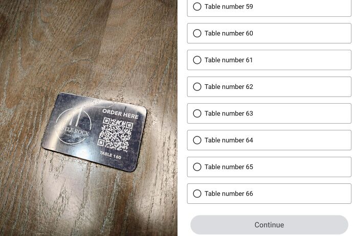 A metal card with a QR code for table 160 next to a screen with table number options from 59 to 66, a funny fail.