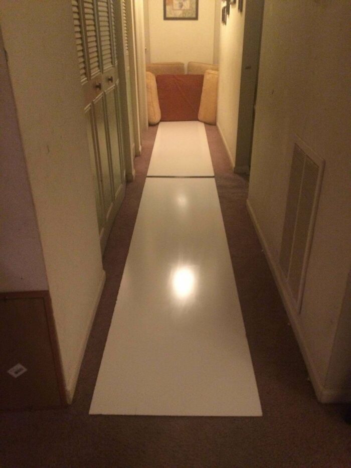Empty college hallway with a long white mat, representing the clean slate and freedom of college life.