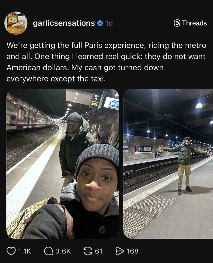 Entitled folks shown in a metro station in Paris, with one person complaining about American dollars not being accepted.