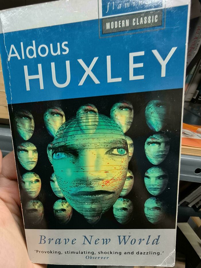 Book covers for Aldous Huxley Brave New World displaying multiple eerie green faces.