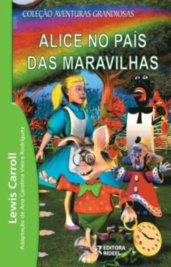 Portuguese book covers of Alice in Wonderland showing a cartoonish Alice and the White Rabbit.