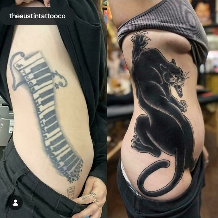 A before-and-after image of a person's side, showing a piano keyboard tattoo transformed into a large black panther design, highlighting incredible tattoo cover-ups.