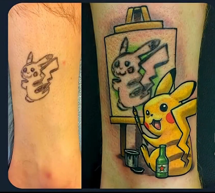 A before-and-after image of a person's ankle, showing a simple Pikachu outline transformed into a colorful Pikachu painting a self-portrait, showcasing incredible tattoo cover-ups.