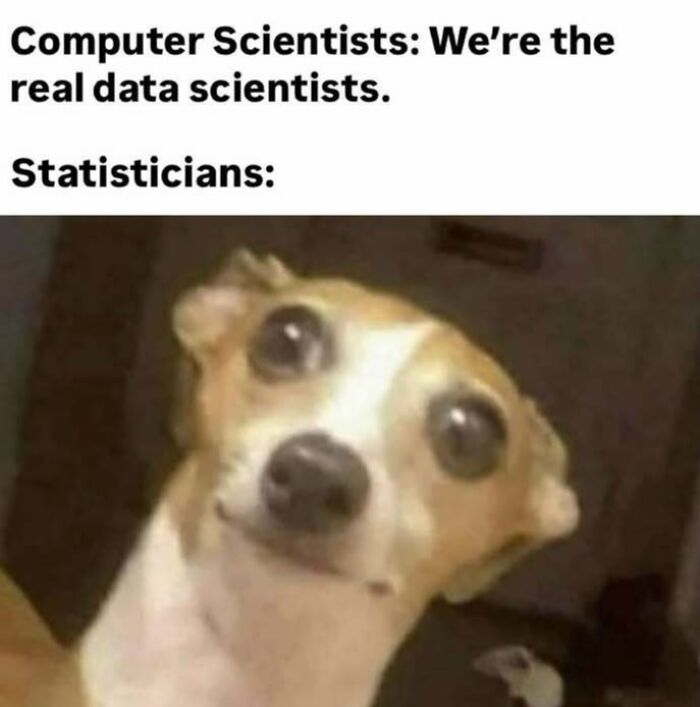 A dog with wide, startled eyes representing statisticians reaction to computer scientists claiming to be the real data scientists in a stats class meme.