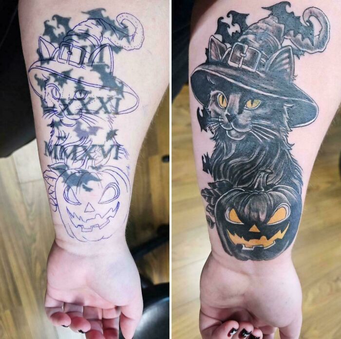 A before-and-after image showing a tattoo cover-up, transforming a light outline into a vibrant black cat with a witch hat and pumpkin.